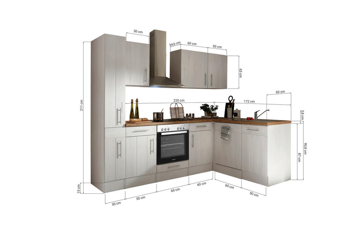 ECKKÜCHE 250/172 cm  in Weiß, Lärchefarben  - Wildeiche/Edelstahlfarben, Basics, Holzwerkstoff/Metall (250/172cm) - Respekta