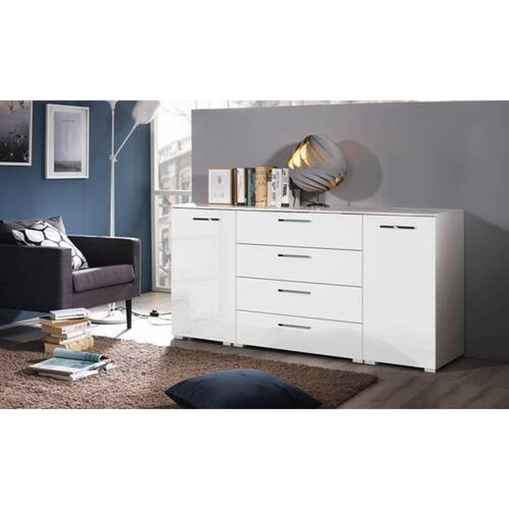 Thumbnail - Novel Sideboard, Weiß, Weiß Hochglanz, Metall, 2 Fächer, 4 Schubladen, 160x81x42 cm, Blauer Engel, Goldenes M, Made in G...