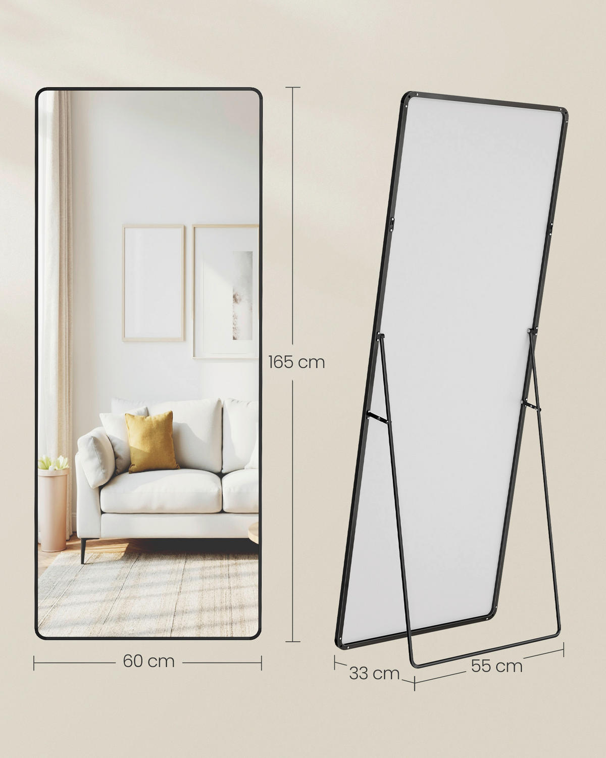 STANDSPIEGEL 60/165/33 cm  - Schwarz, Trend, Glas/Metall (60/165/33cm) - Boxxx