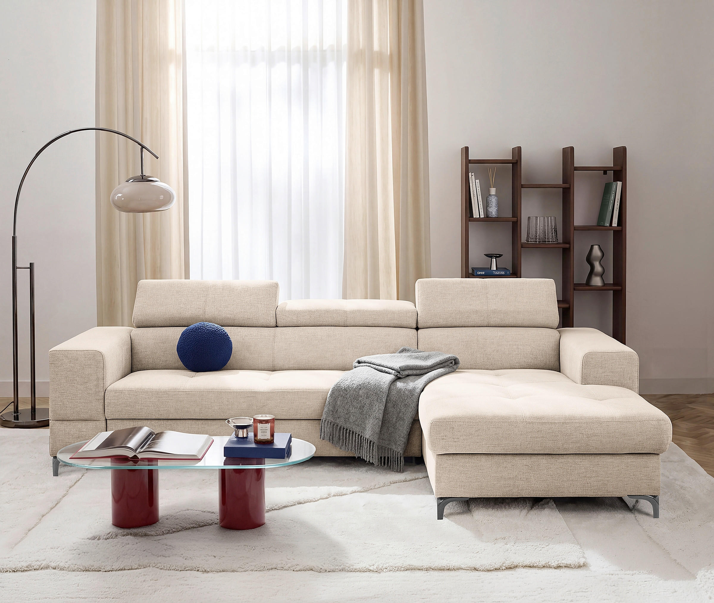 ECKSOFA TORINO Beige Chenille Bettkasten, Kopfteilverstellung  - Beige/Schwarzchrom, Design, Textil/Metall (247/173cm) - Livetastic