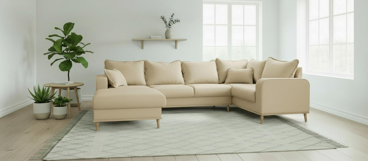 WOHNLANDSCHAFT Sandfarben  - Sandfarben/Wengefarben, Design, Holz/Textil (170/296/167cm) - Livetastic