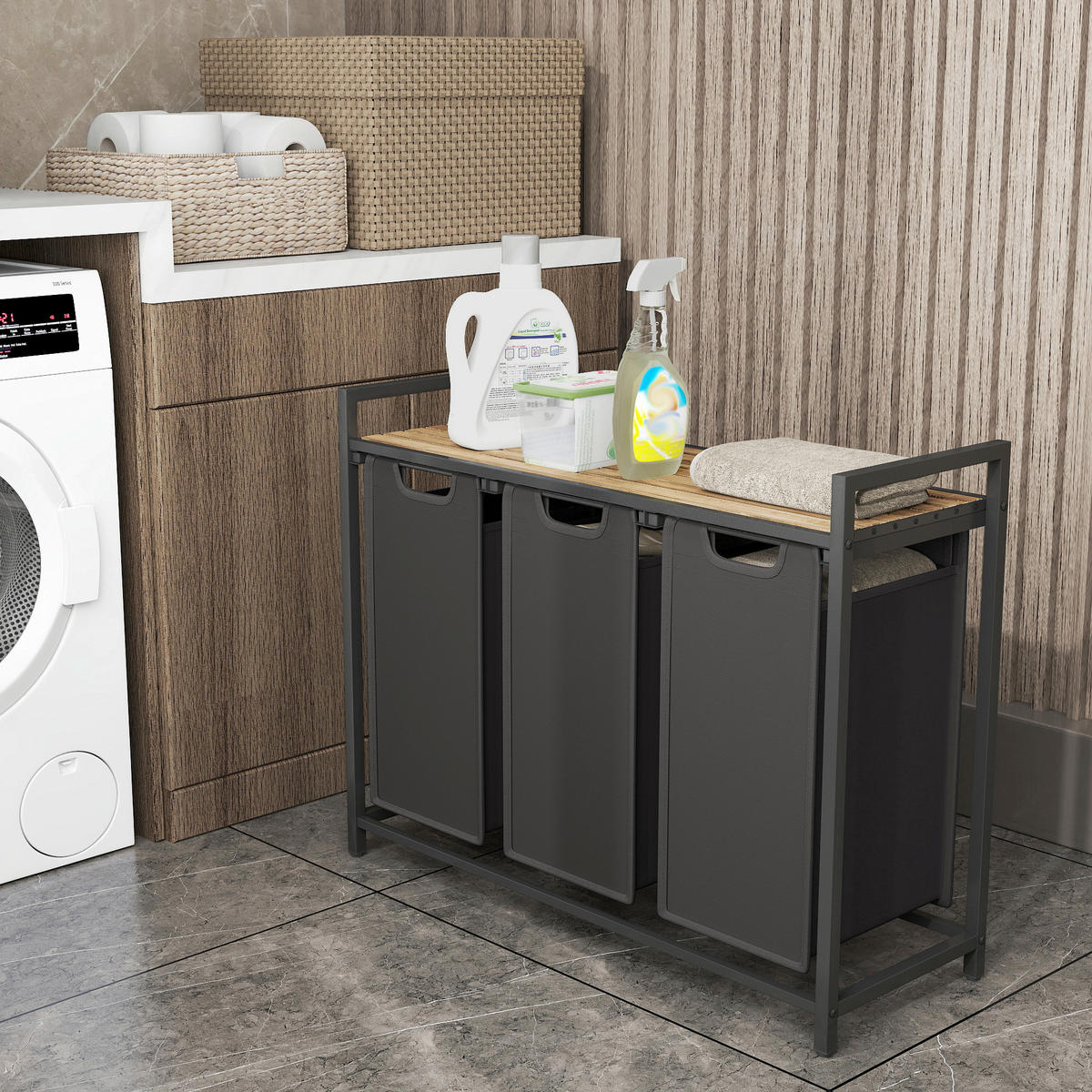 WÄSCHEKORB - Eichefarben/Schwarz, Trend, Holzwerkstoff/Textil (92,5/72/33cm) - Boxxx