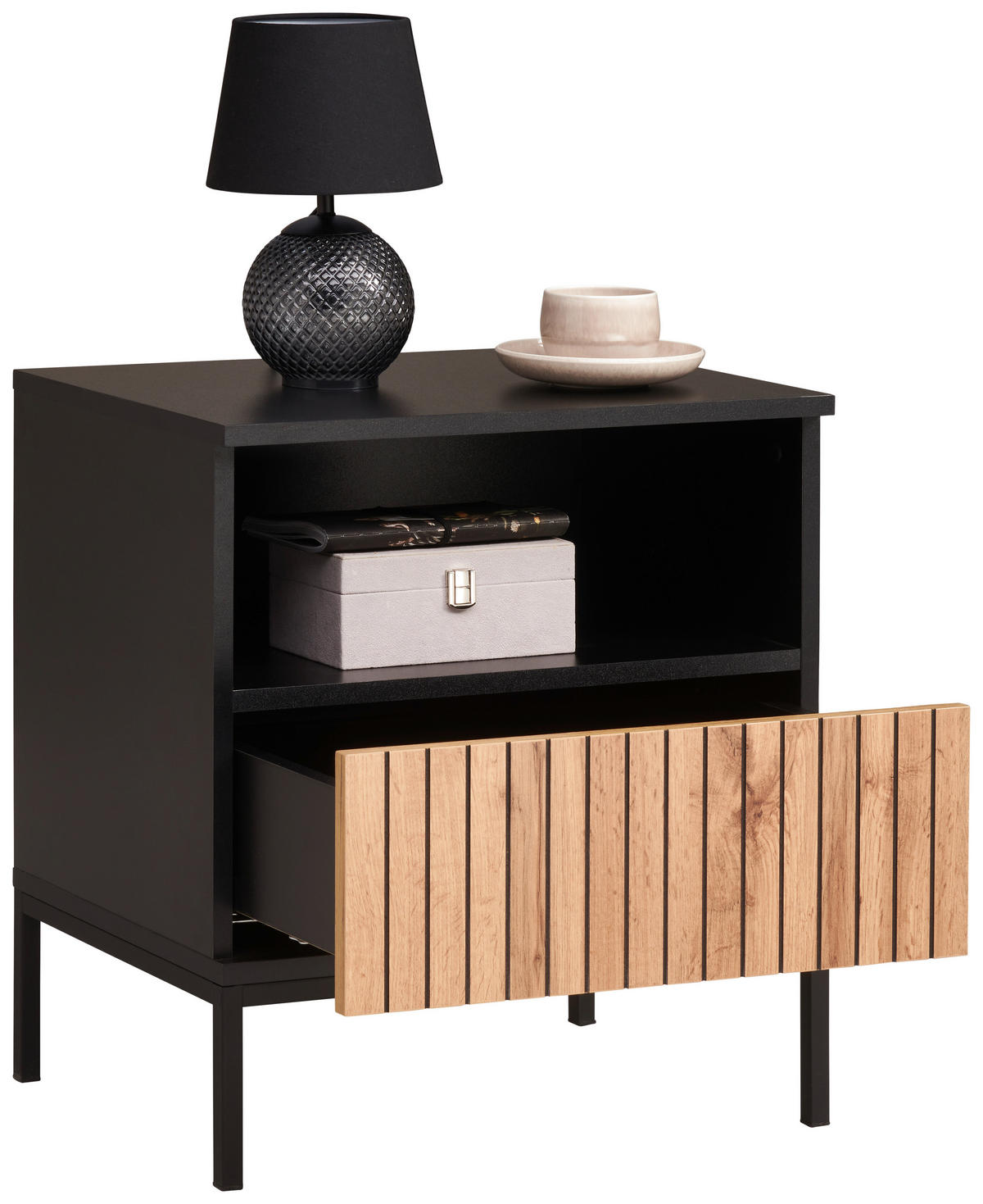 NACHTSCHRANK 51,6/56/38 cm  - Eiche Wotan/Schwarz, KONVENTIONELL, Holzwerkstoff (51,6/56/38cm) - Xora