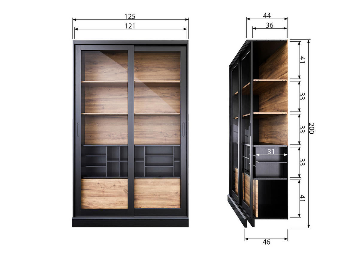 VITRINE in massiv Kiefer Schwarz, Walnussfarben  - Nussbaumfarben/Walnussfarben, Design, Glas/Holz (125/200/57cm) - Livetastic