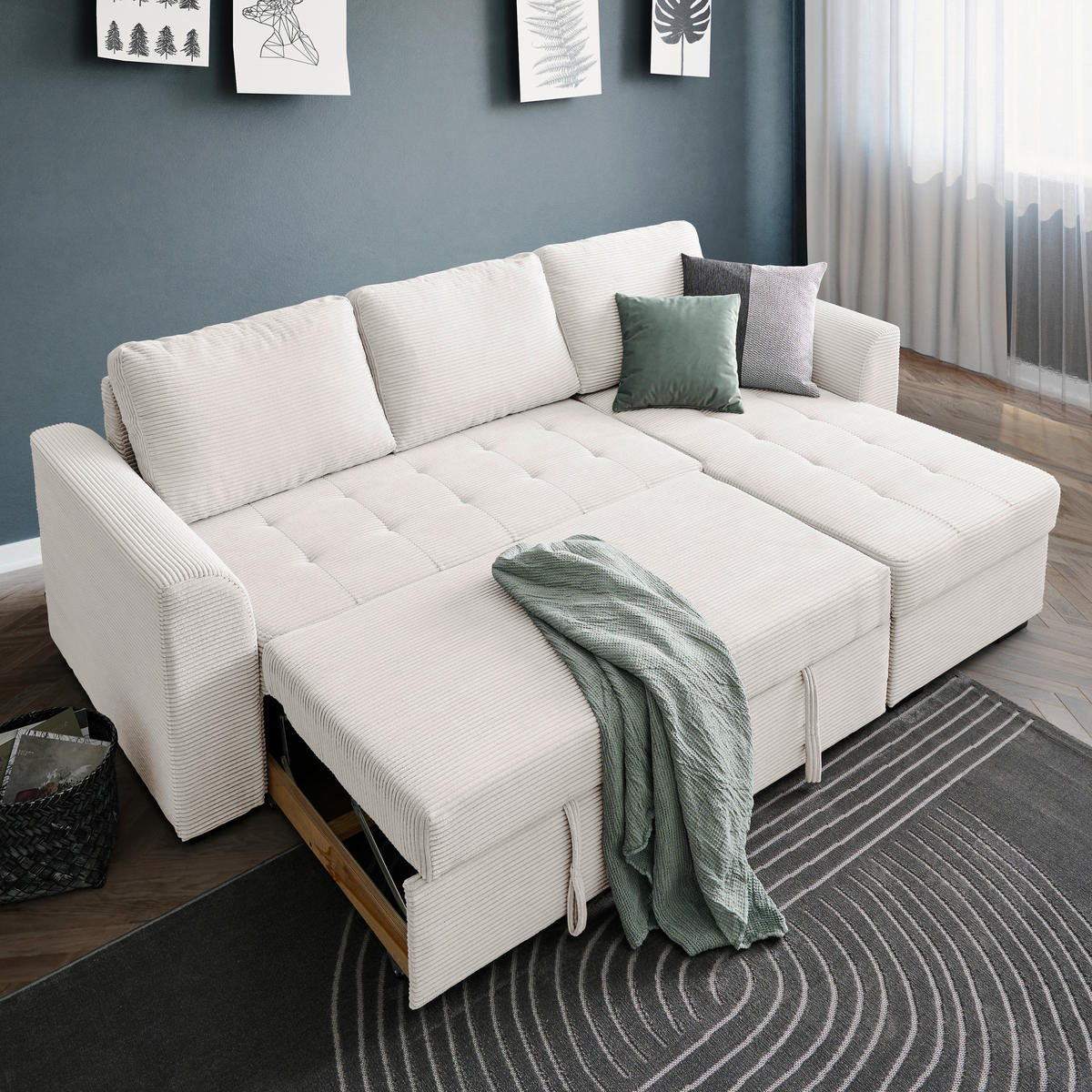 ECKSOFA in Cord, Velours Creme  - Creme/Schwarz, Design, Kunststoff/Textil (243/155cm) - Xora