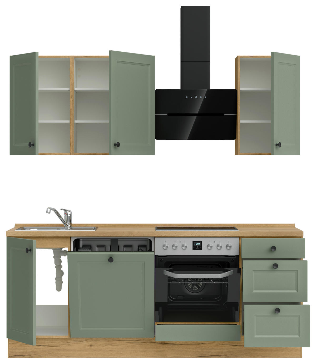 KÜCHENLEERBLOCK 210 cm   in Grün, Eichefarben  - Eichefarben/Schwarz, MODERN, Holzwerkstoff/Metall (210cm) - Nobilia