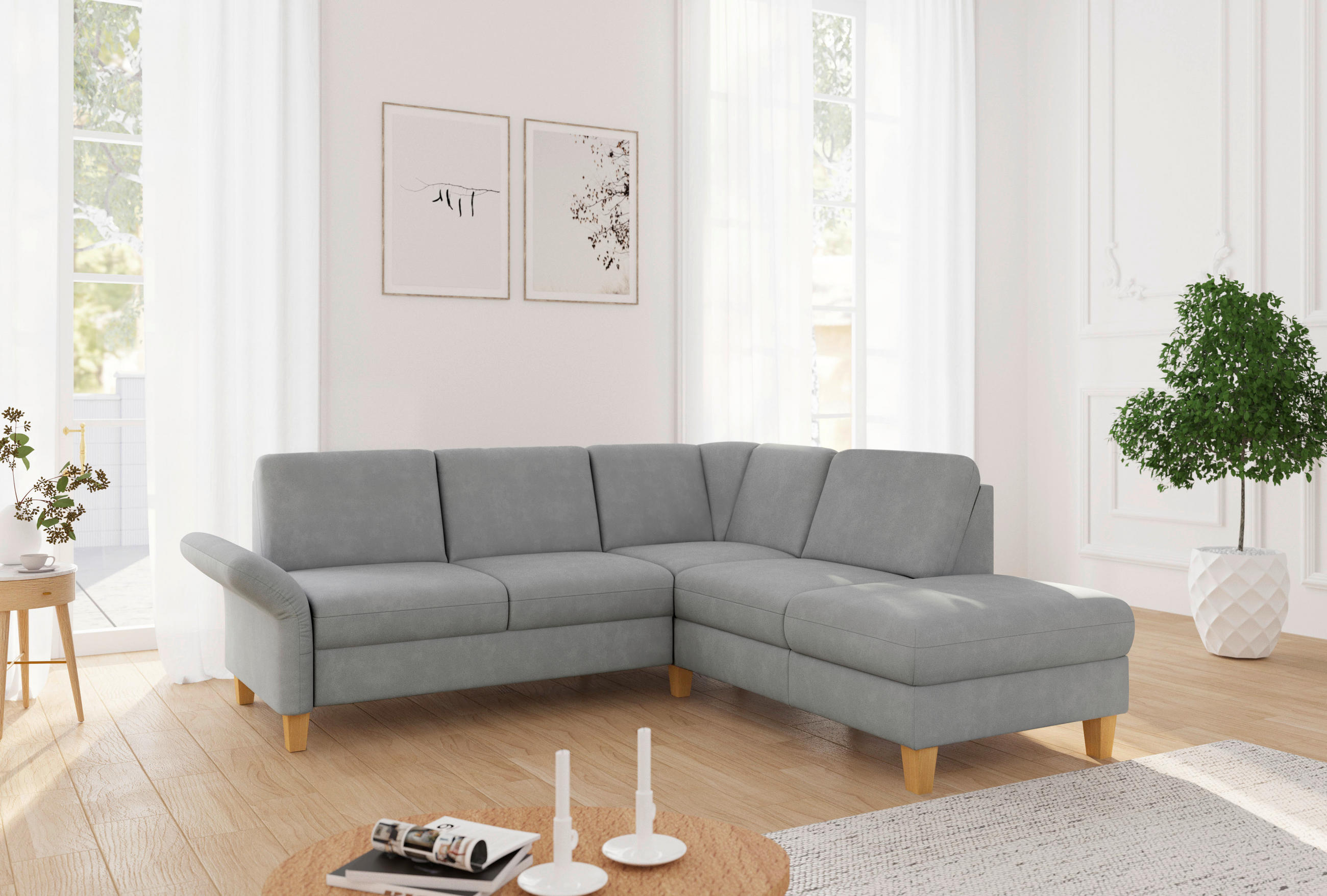 ECKSOFA Flachgewebe Grau  - Eichefarben/Grau, Konventionell, Holz/Textil (240/216cm) - Sit & More