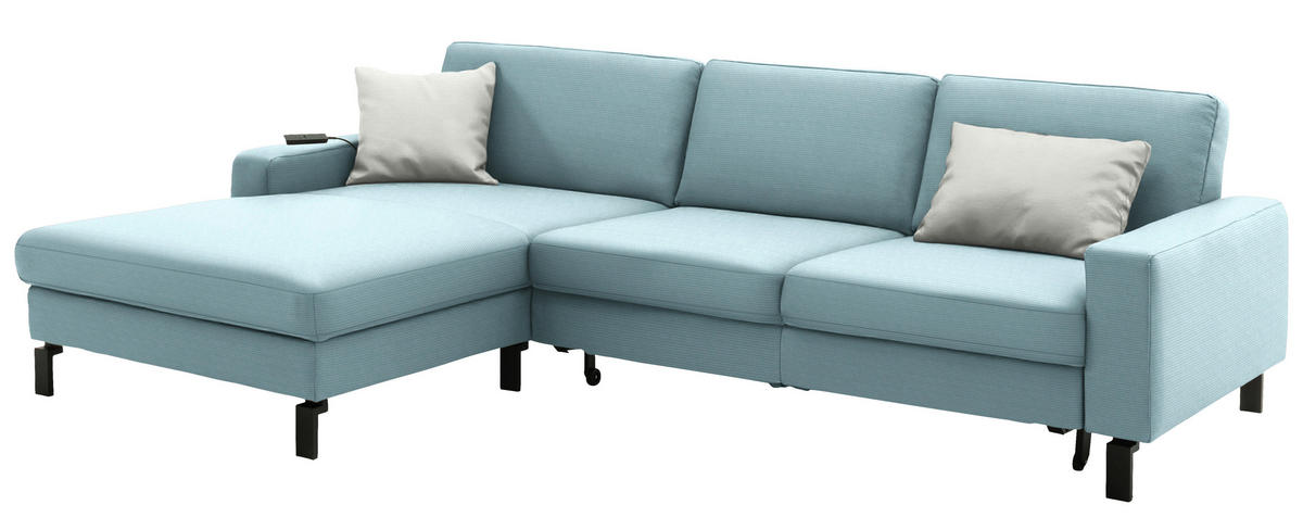 ECKSOFA  in Cord Hellblau Rücken echt, Sitztiefenverstellung  185/298 cm  - Schwarz/Hellblau, Design, Textil/Metall (185/298cm) - Pure Home Lifestyle