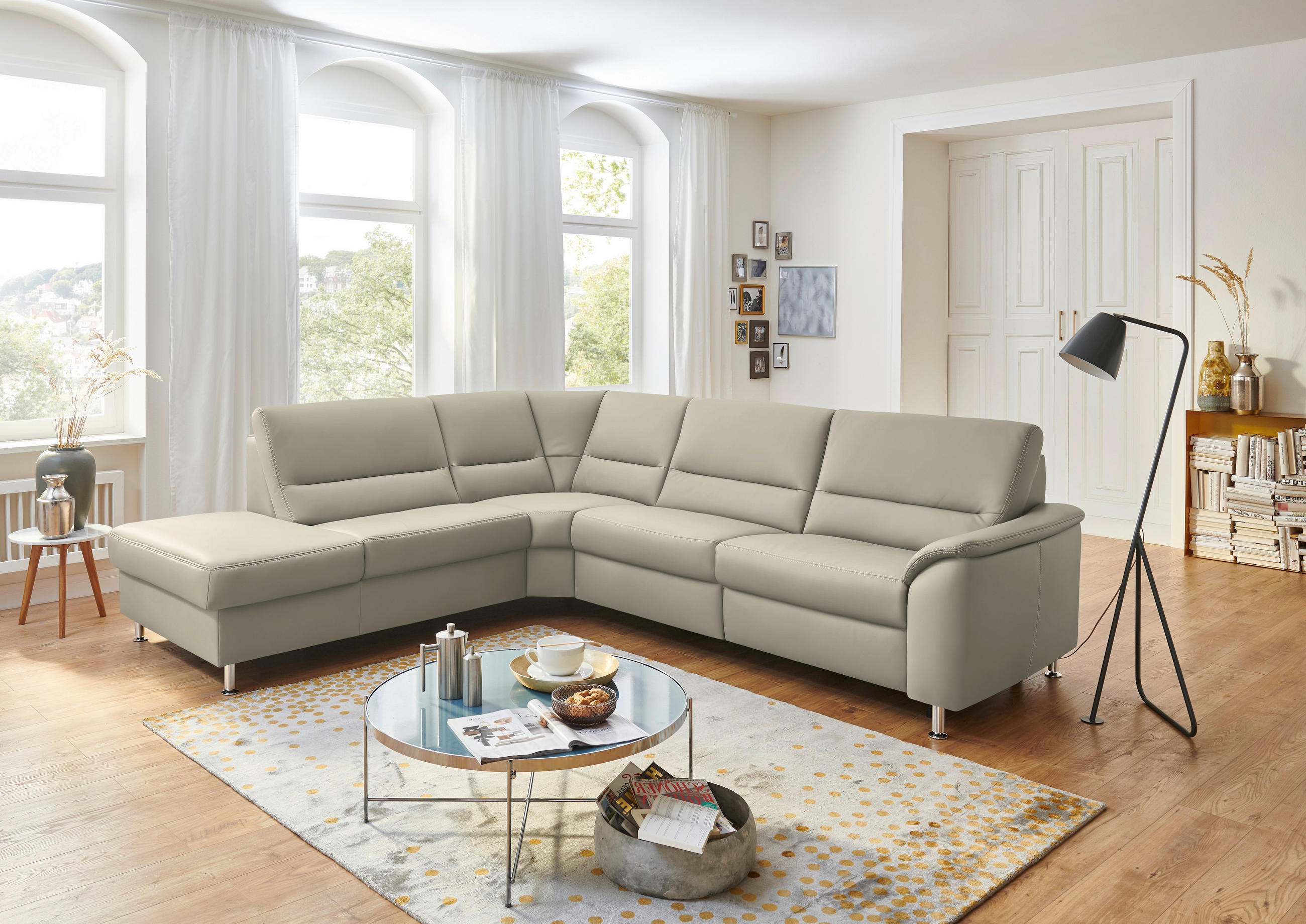 ECKSOFA in Echtleder Ecru  - Ecru/Alufarben, Basics, Leder/Metall (249/290cm) - Beldomo Premium