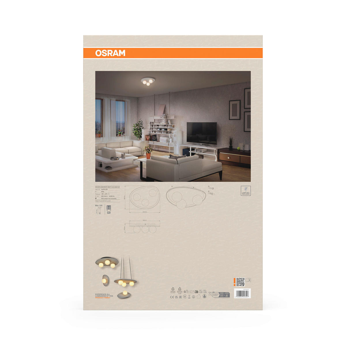 DECKENLEUCHTE    50/38.5/15.5 cm  - Grau, Basics, Glas/Stein (50/38.5/15.5cm) - Osram