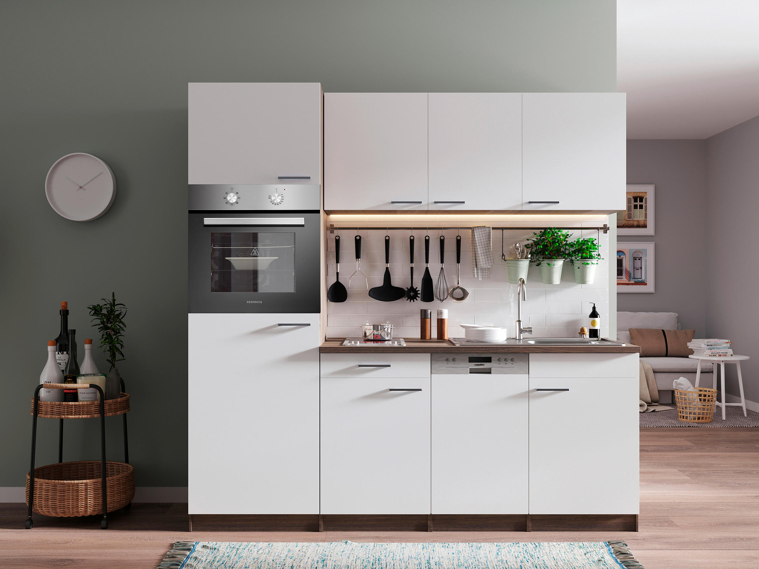 MODULKÖK 205 cm   i vit  - vit/aluminiumfärg, Basics, trämaterial/plast (205cm) - Respekta