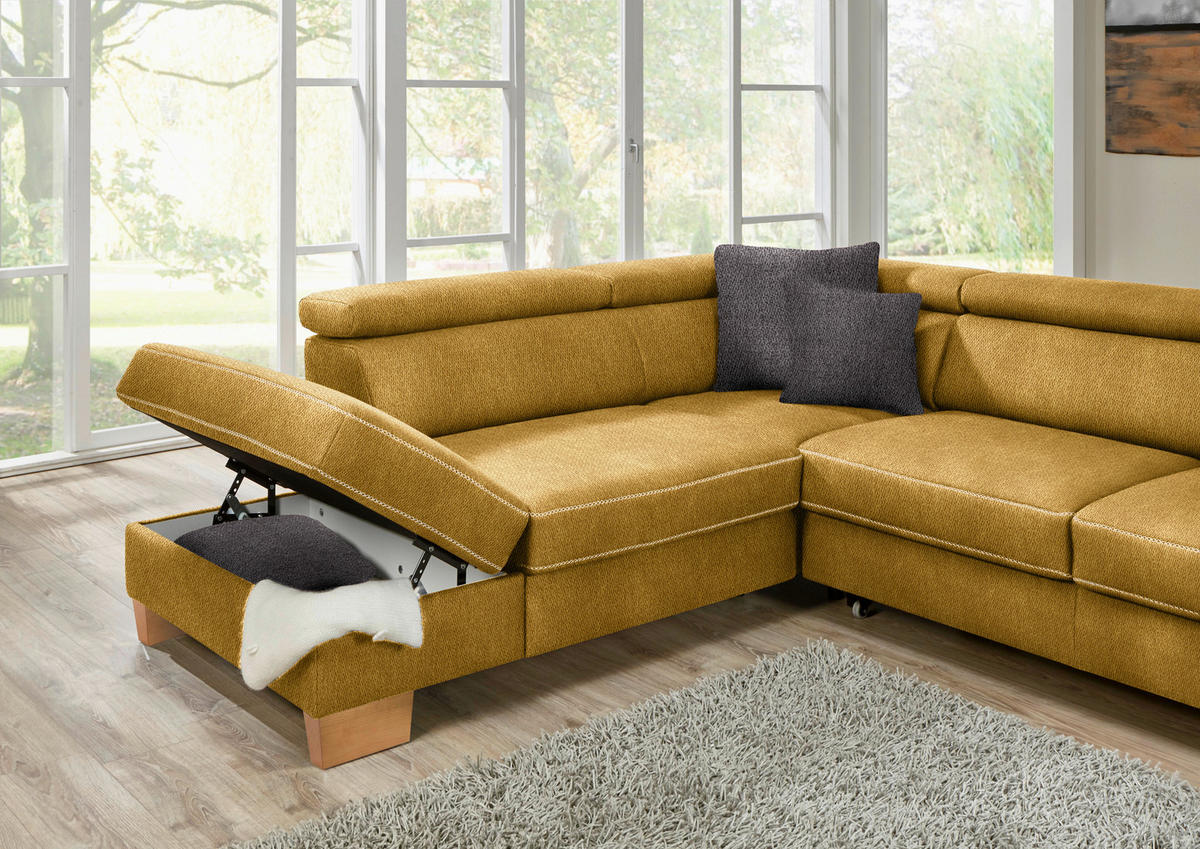 ECKSOFA in Mikrofaser Currygelb  - Currygelb/Eichefarben, Natur, Holz/Textil (273/226cm) - Beldomo System