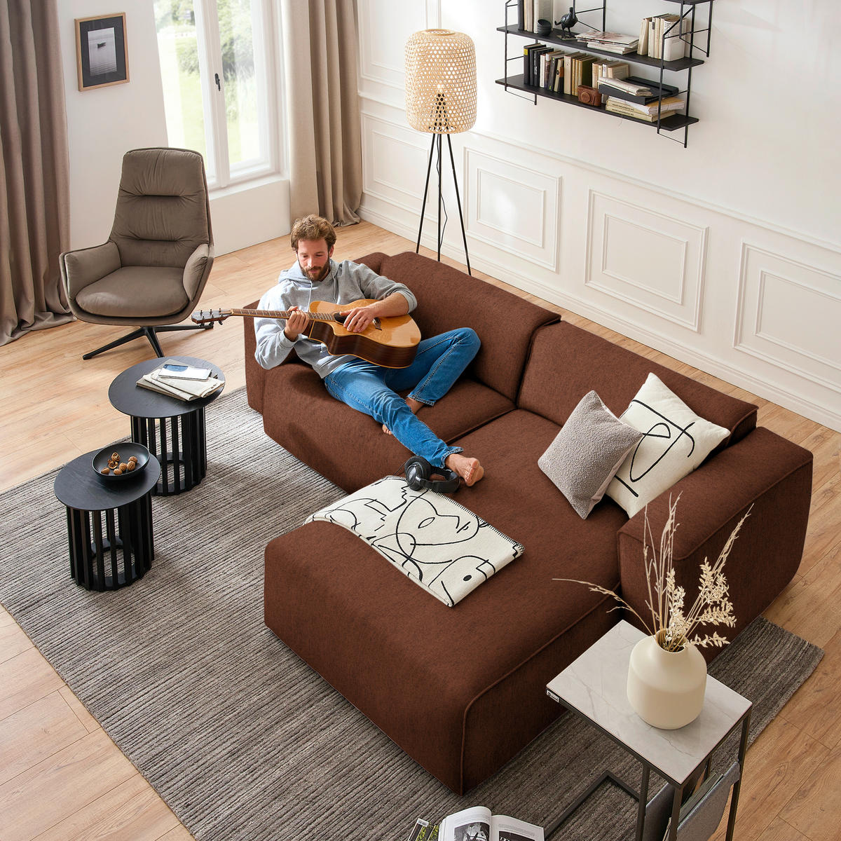 ECKSOFA in Webstoff Rostfarben  265/171 cm  - Rostfarben/Schwarz, Design, Kunststoff/Textil (265/171cm) - home24