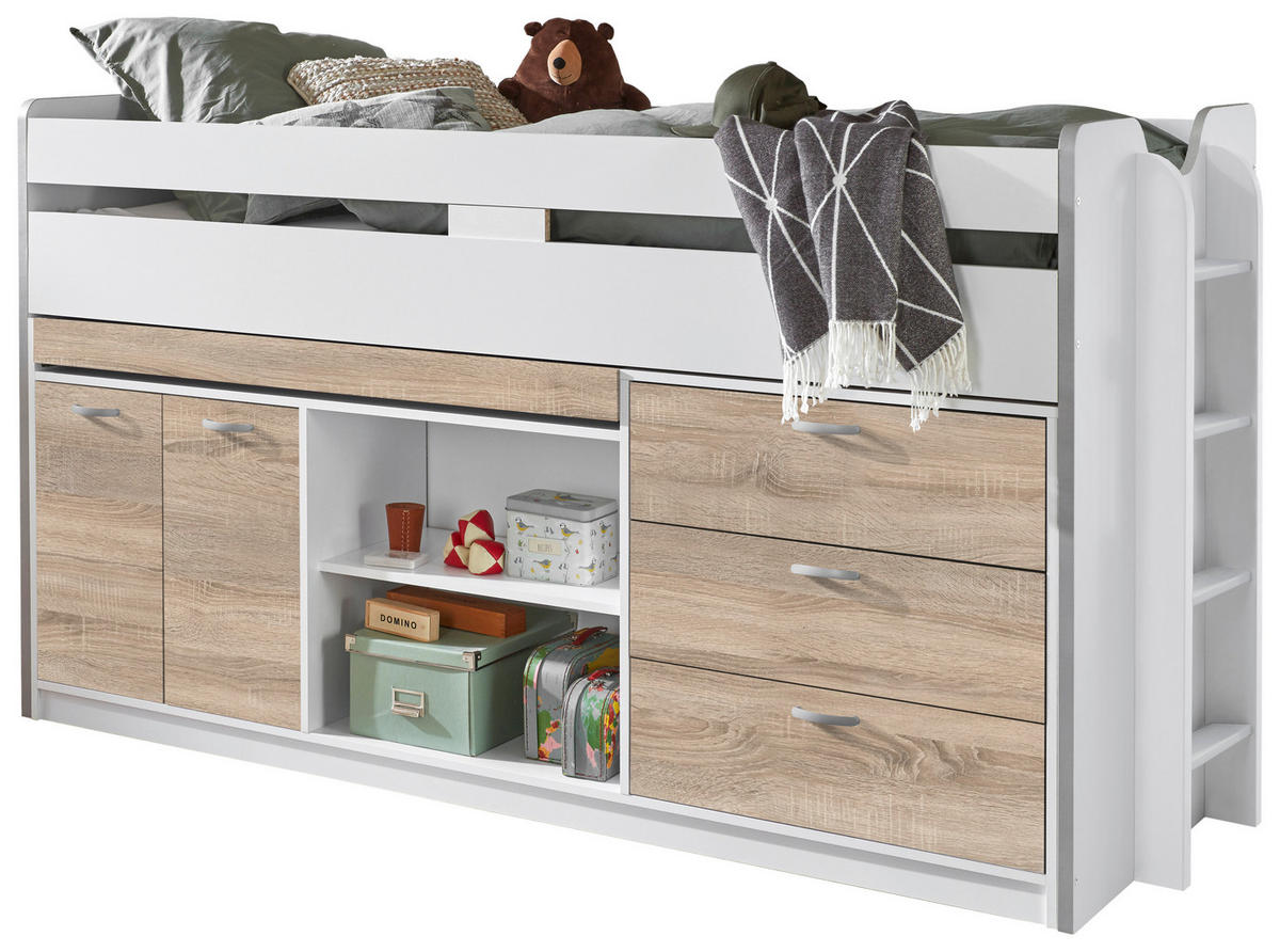SREDNJE VISOKA POSTELJA - bela/hrast sonoma, Moderno, leseni material (90/200cm) - Livetastic