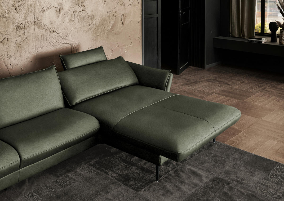 ECKSOFA in Echtleder Dunkelgrün  - Dunkelgrün/Schwarz, Design, Leder/Metall (334/172cm) - Hukla