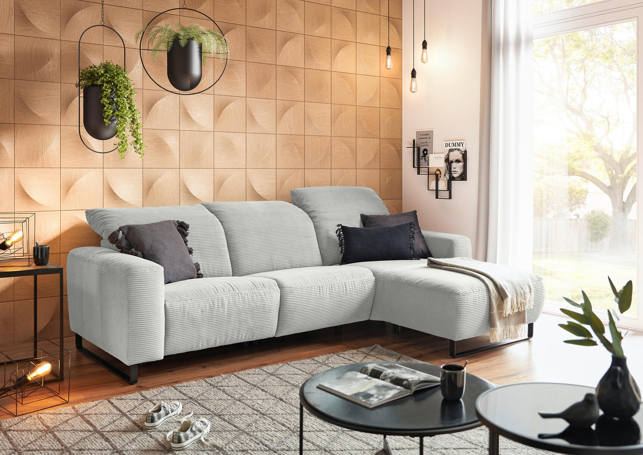 ECKSOFA Hellgrau Cord  - Hellgrau/Schwarz, KONVENTIONELL, Textil/Metall (266/180cm) - Hom`in