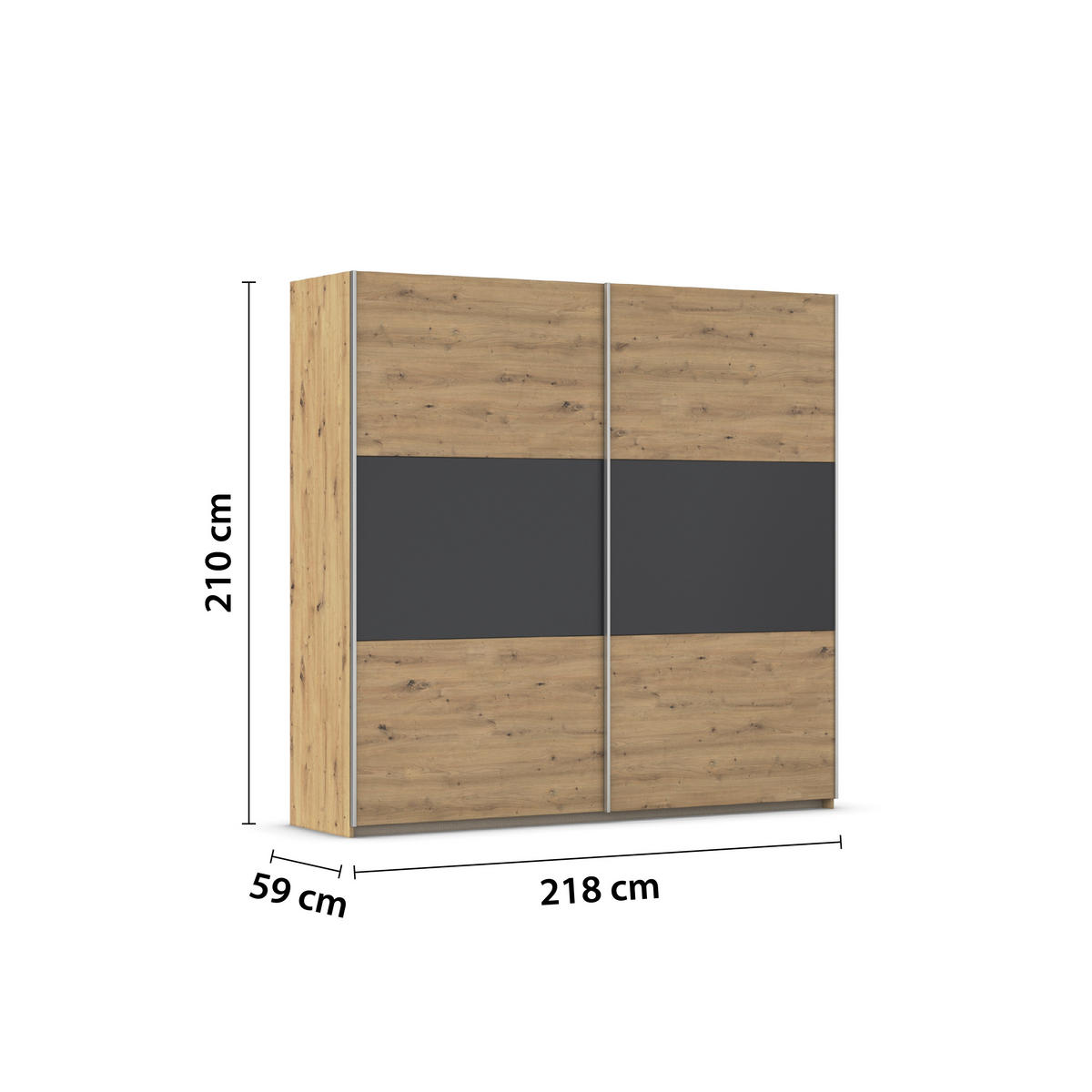 SCHWEBETÜRENSCHRANK 218/210/59 cm 2-türig Grau, Eiche Artisan  - Alufarben/Eiche Artisan, KONVENTIONELL, Holzwerkstoff/Metall (218/210/59cm)
