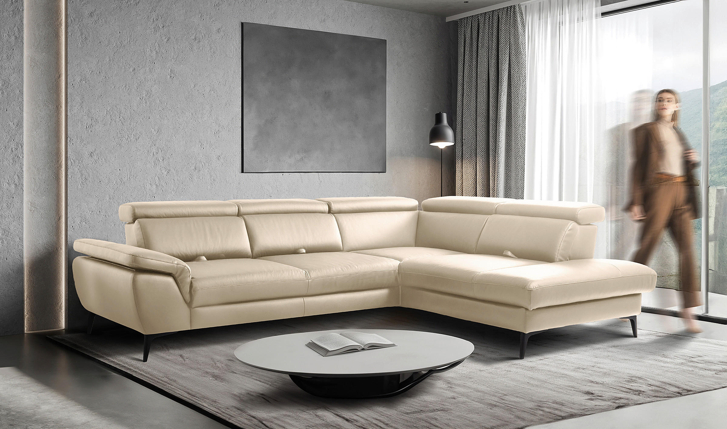 ECKSOFA Lederlook Echtleder Grau  - Schwarz/Grau, Design, Leder/Textil (274/220cm) - Livetastic