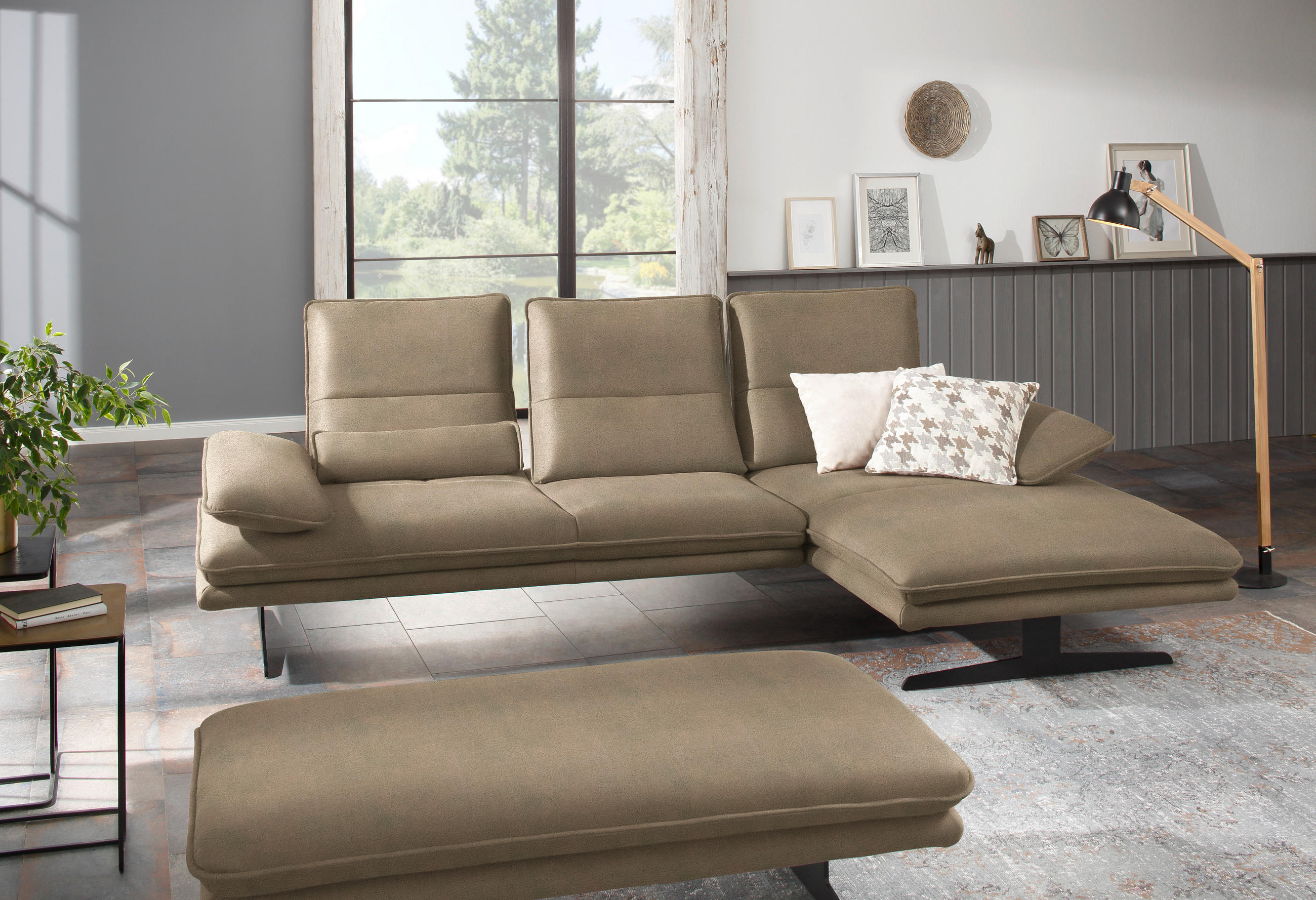 ECKSOFA in Mikrofaser Taupe  291/164 cm  - Taupe/Schwarz, Design, Textil/Metall (291/164cm) - Chilliano