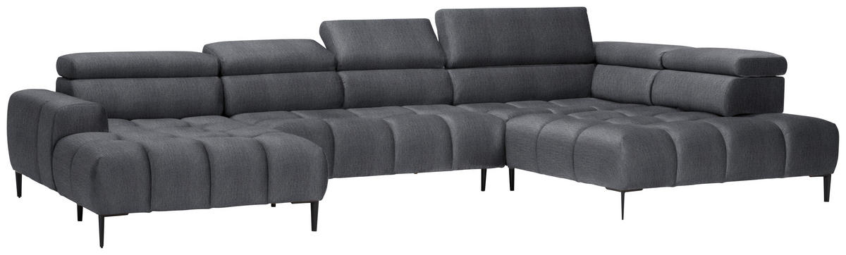 WOHNLANDSCHAFT in Samt, Webstoff Grau  - Schwarz/Grau, Design, Textil/Metall (177/385/216cm) - Welnova