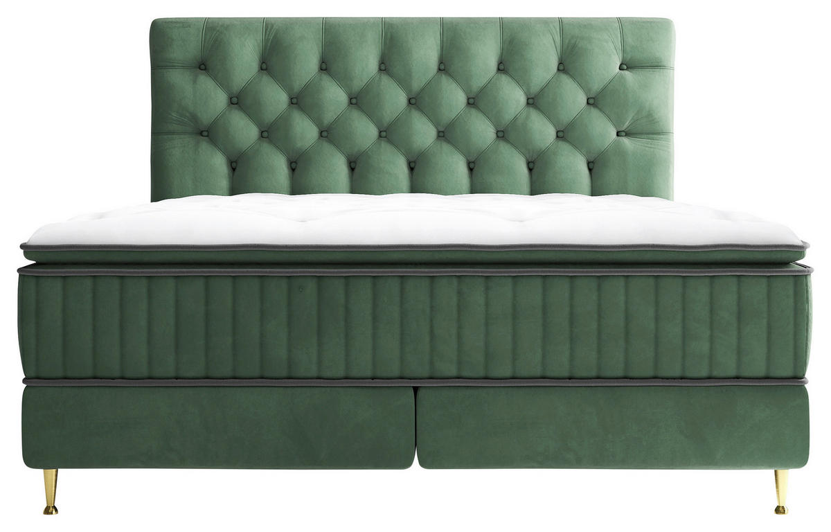 BOXSPRINGBETT 180/200 cm,  in Dunkelgrün, Matratze, gepolstertes Kopfteil, Topper,  - Dunkelgrün/Goldfarben, Design, Textil/Metall (180/200cm) - Boxxx