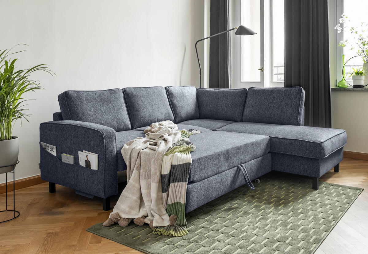 ECKSOFA in Struktur Dunkelblau  - Schwarz/Dunkelblau, Holz/Textil (233/198cm) - MID.YOU