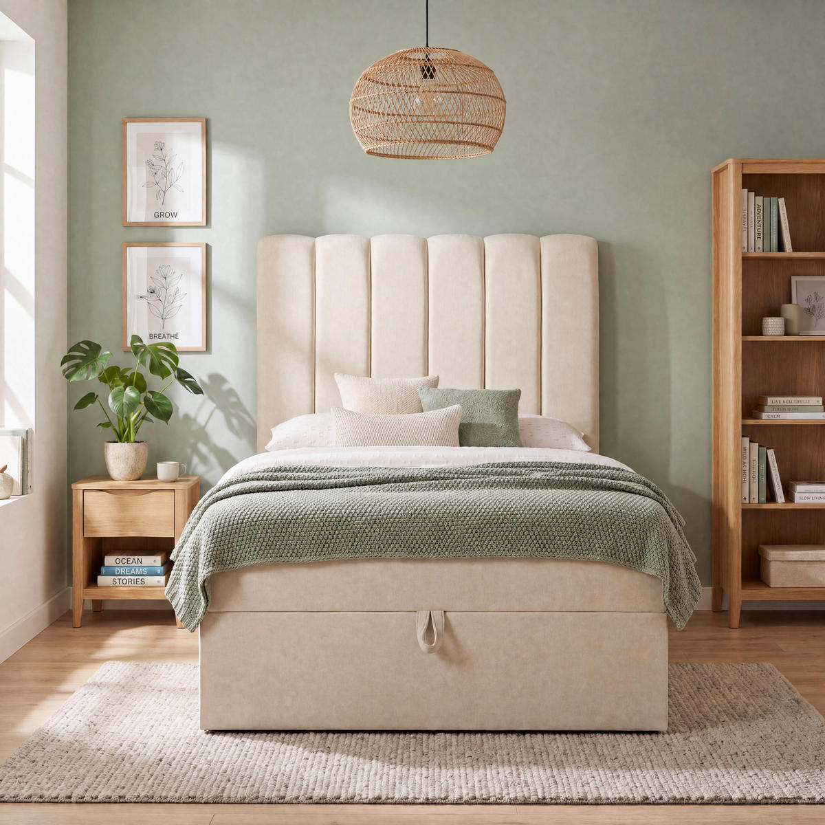 BOXBETT 100/200 cm,  in Beige, Matratze, gepolstertes Kopfteil, Bettkasten, Topper, H3 = fest  - Beige/Schwarz, Basics, Kunststoff/Textil (100/200cm) - Chameo