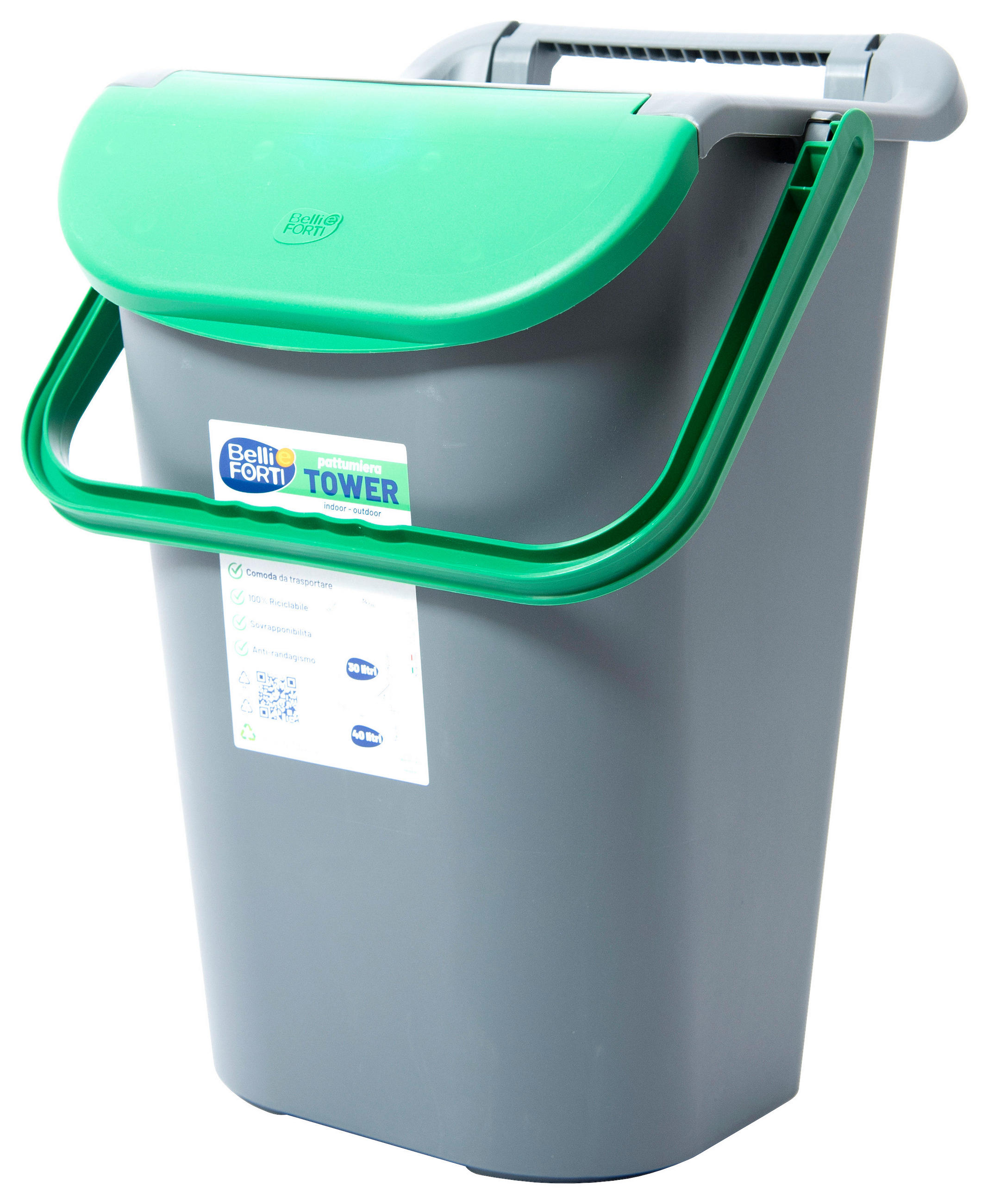 Mülleimer Tower mit Deckel 40 Liter Kunststoff Grün/Grau