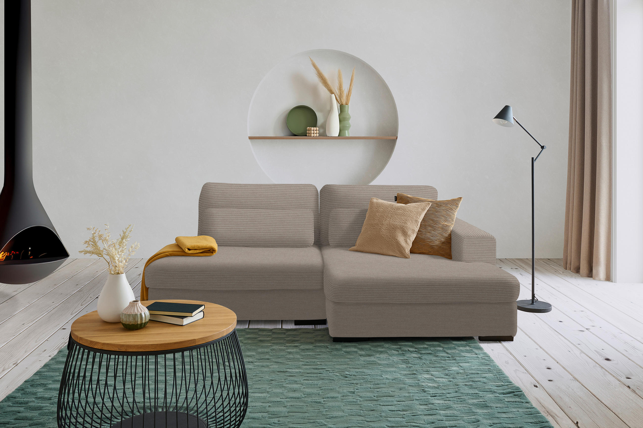 ECKSOFA in Cord, Velours Taupe  - Taupe/Schwarz, Design, Kunststoff/Textil (223/158cm) - Lomoco