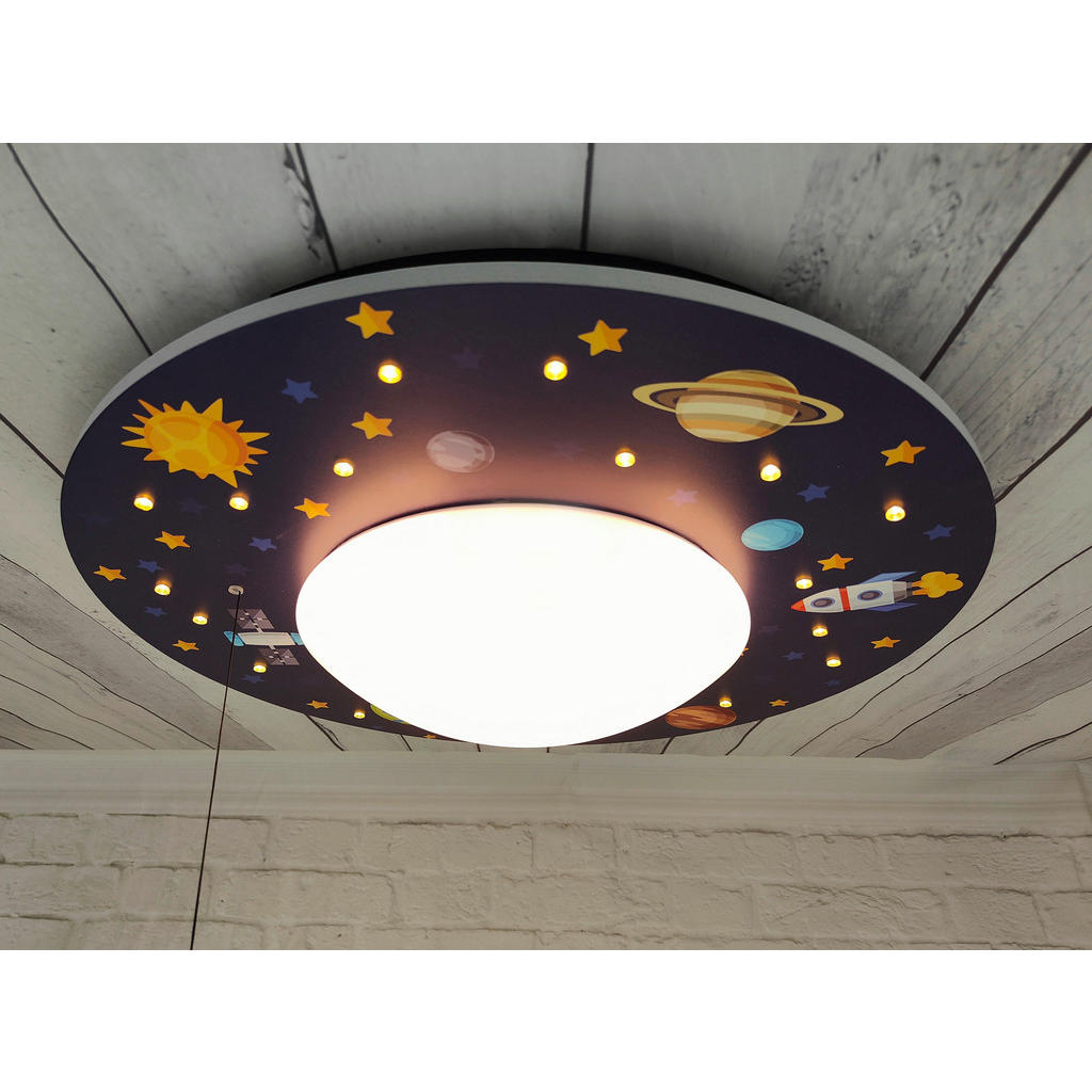 Thumbnail - Kinderdeckenleuchte, Mehrfarbig, Weiß, Kunststoff, Holzwerkstoff, Weltall,Weltall, 11 cm, Zugschalter, Lampen & Leuchten...