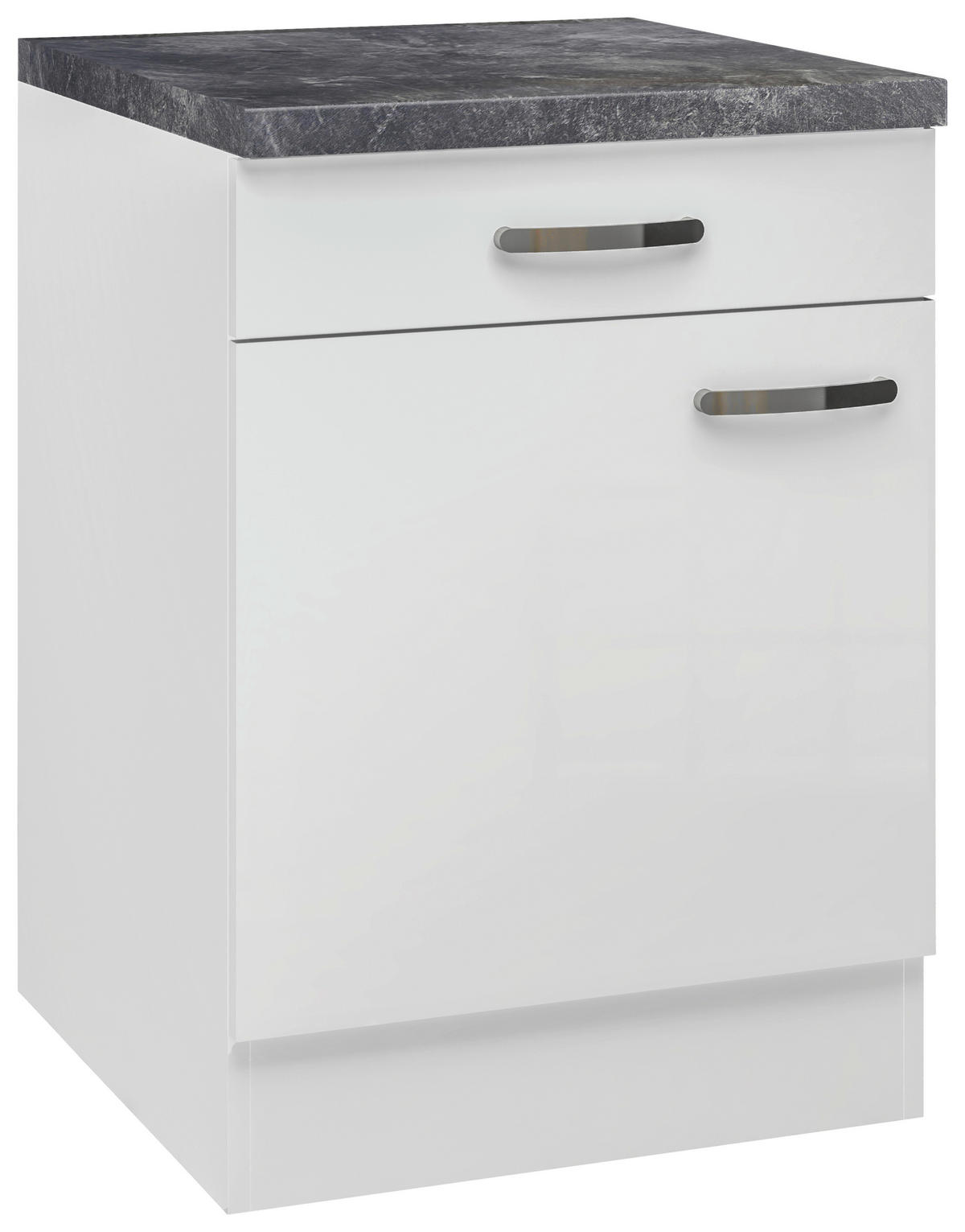 KÜCHENUNTERSCHRANK 60/86/60 cm  in Weiß, Weiß Hochglanz  - Schieferfarben/Edelstahlfarben, MODERN, Holzwerkstoff/Metall (60/86/60cm) - FlexWell