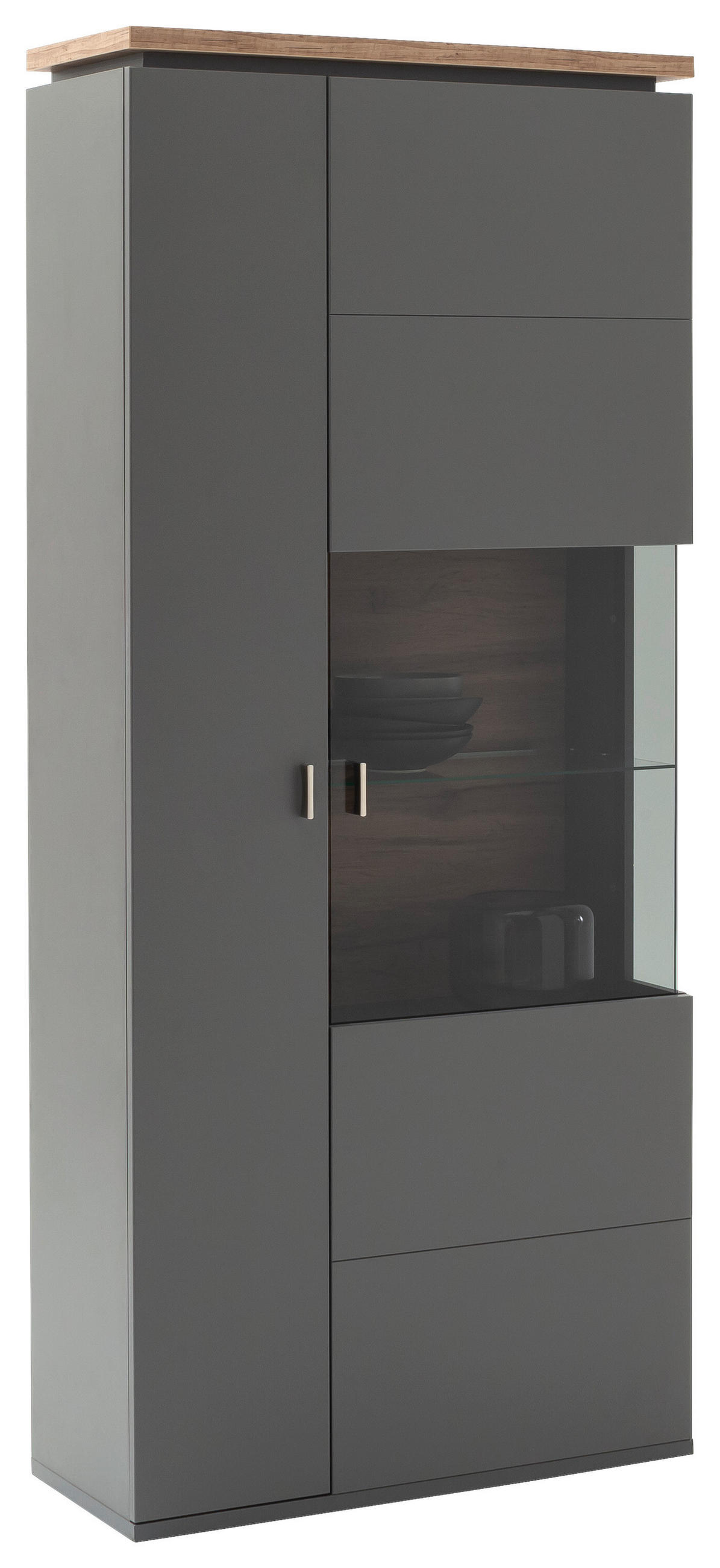 VITRINE Neapel Grau, Eiche Wotan  90/208/37 cm  - Eiche Wotan/Grau, Design, Glas/Holzwerkstoff (90/208/37cm) - Stylife