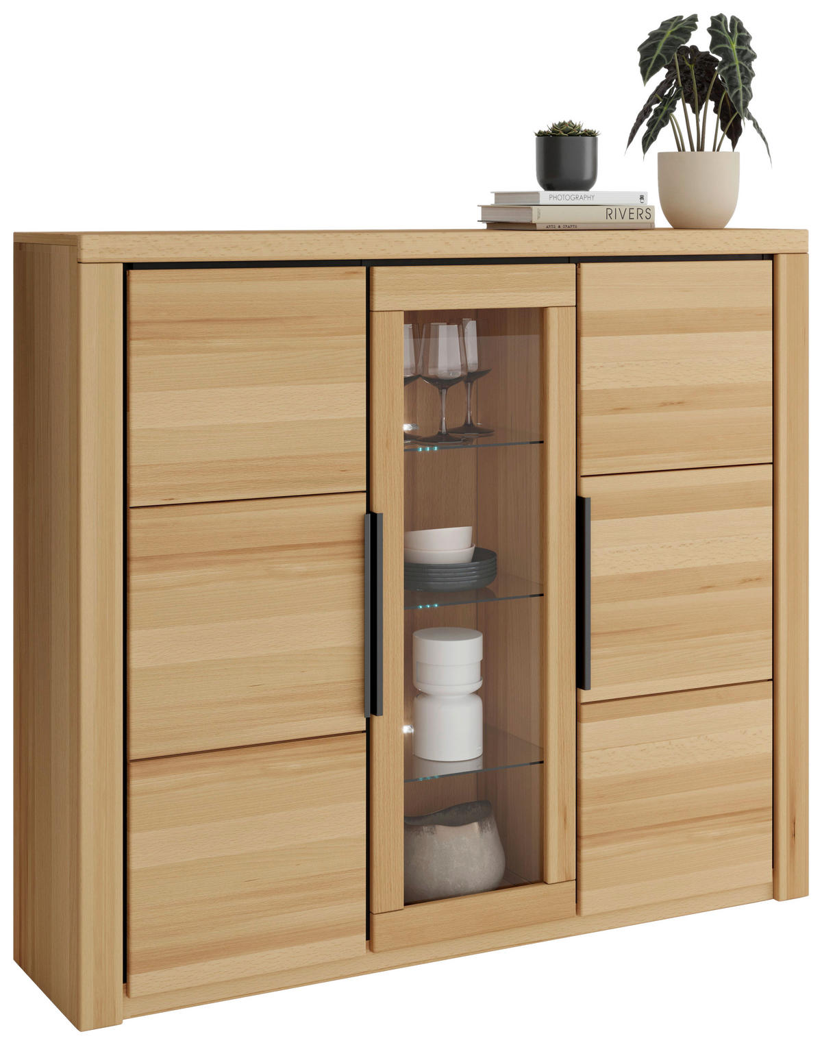 HIGHBOARD Brunei  in 160/141/40 cm  - Buchefarben/Schwarz, Design, Glas/Holz (160/141/40cm) - Livetastic
