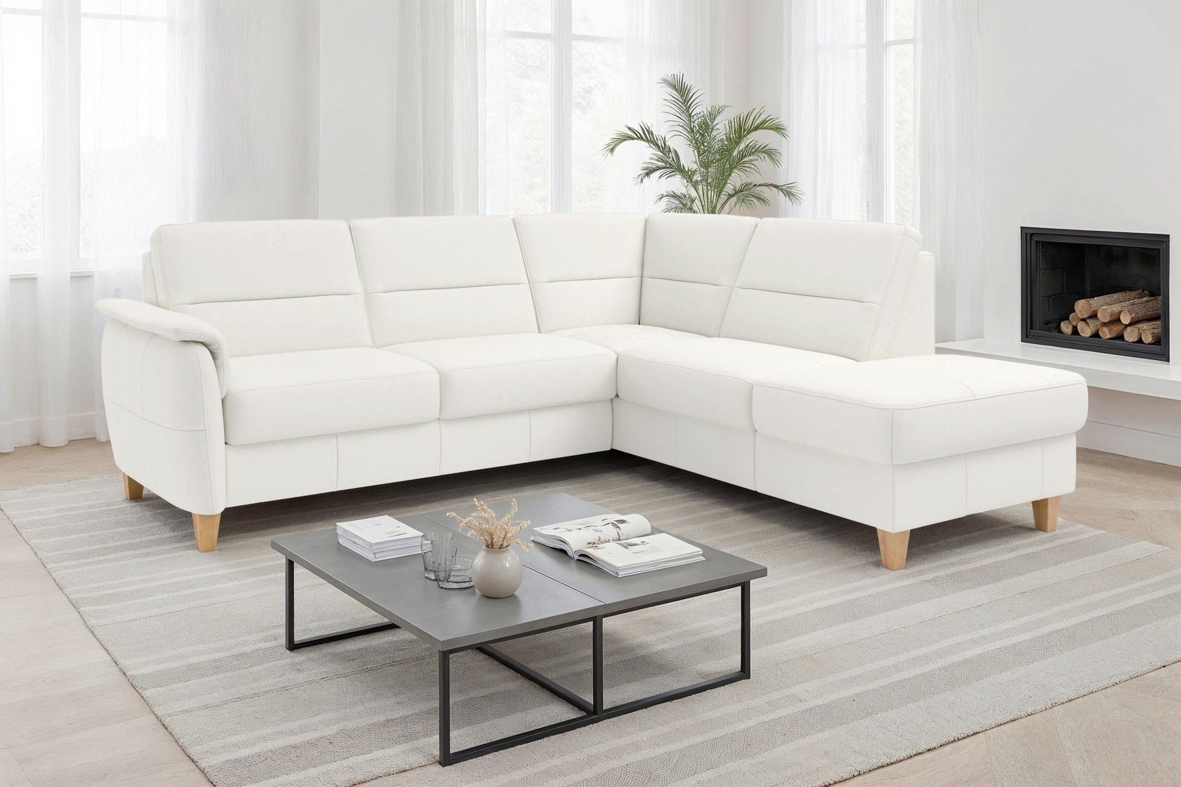 ROHOVÁ SEDAČKA, koža, biela - biela/farba duba, Basics, koža/drevo (236/212cm) - Sit & More