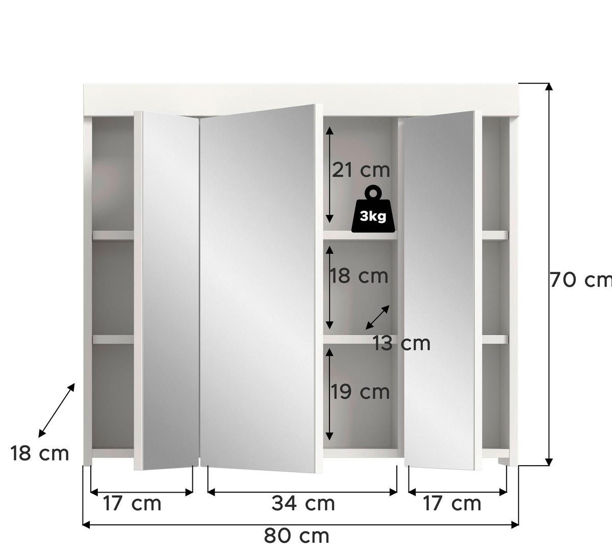 SPEGELSKÅP  - vit, Trend, trämaterial/glas (80/70/18cm) - MID.YOU
