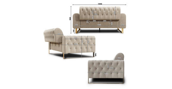2-SITZER-SOFA Velours Beige  - Beige/Goldfarben, KONVENTIONELL, Textil/Metall (194/90/97cm) - Carryhome