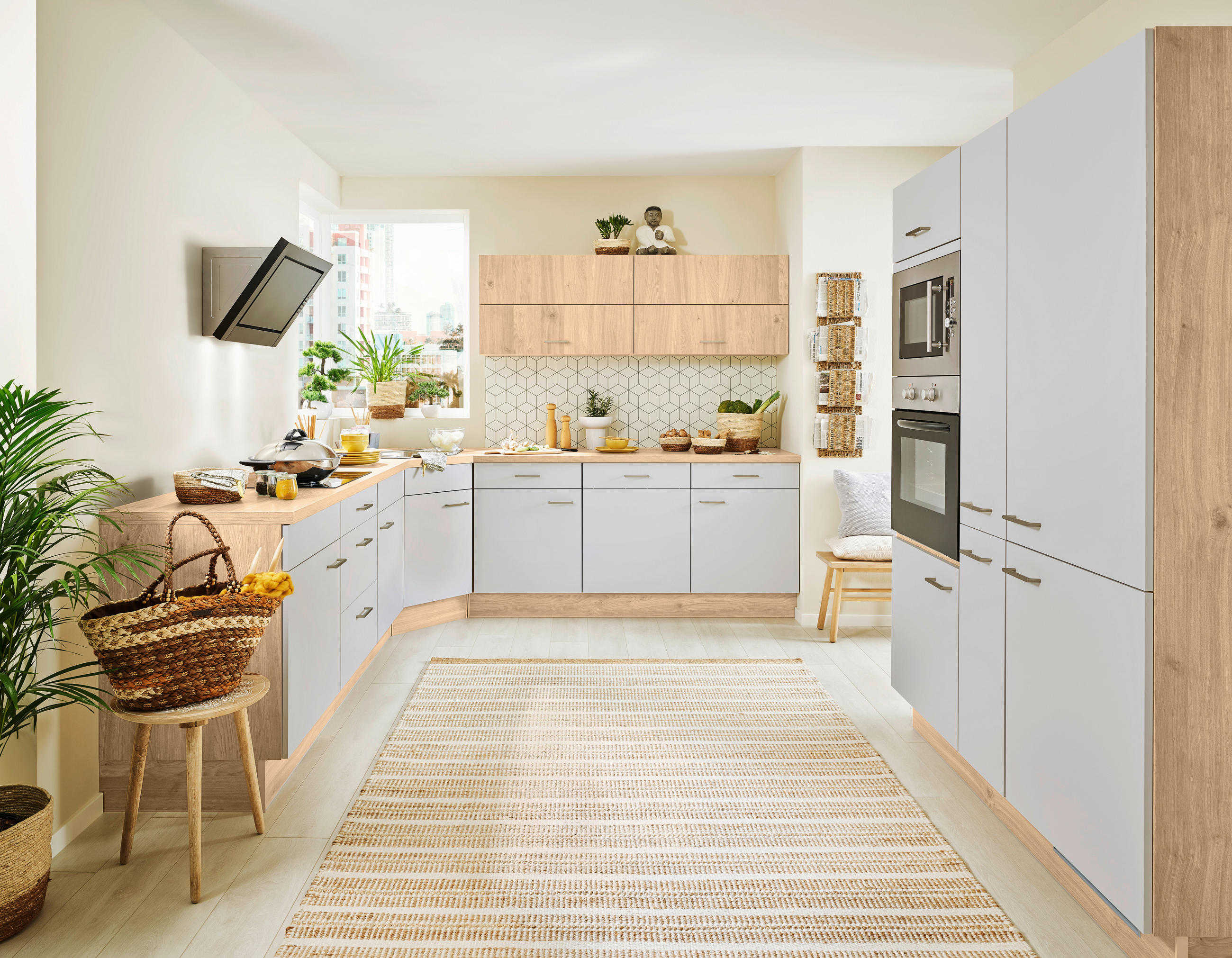 ECKKÜCHE  in Eichefarben, Hellgrau  - Edelstahlfarben/Eichefarben, KONVENTIONELL, Holzwerkstoff/Metall (270/270/150cm) - Impuls