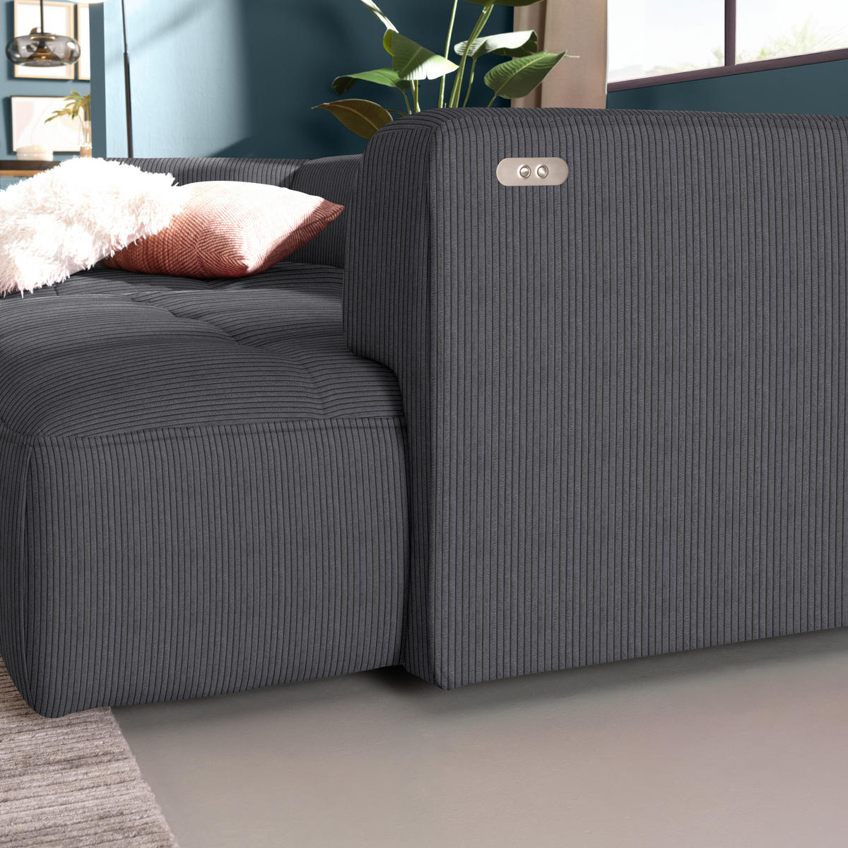 ECKSOFA Feincord Dunkelgrau  - Dunkelgrau/Schwarz, Design, Kunststoff/Textil (188/288cm) - Welnova