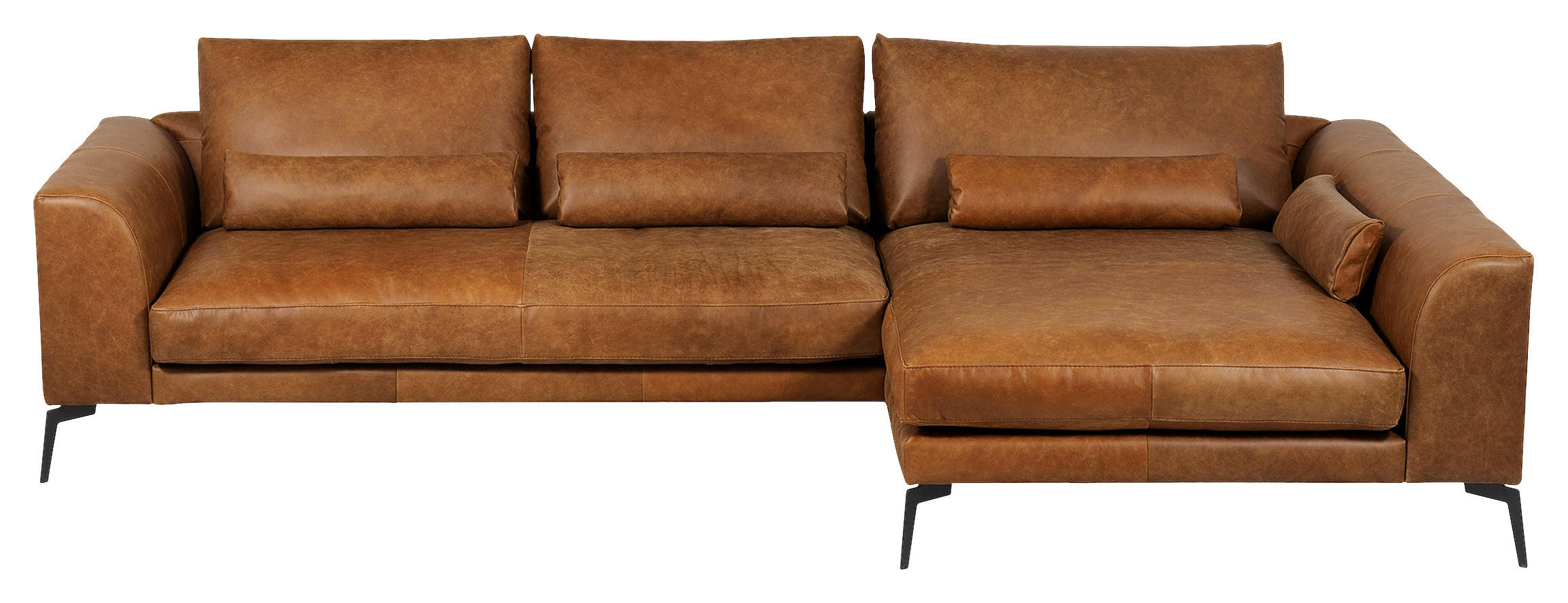 ECKSOFA Cognac Echtleder  - Cognac/Schwarz, Design, Leder/Metall (313/172cm) - Livetastic
