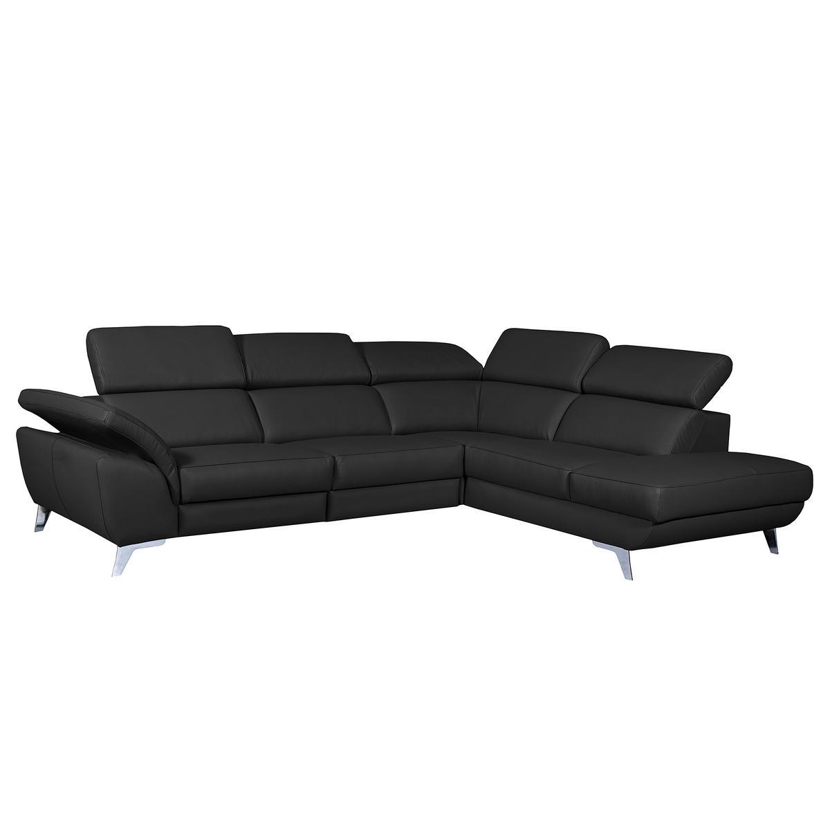 ECKSOFA Schwarz Echtleder Rücken echt, Armteilverstellung, Kopfteilverstellung  - Silberfarben/Schwarz, Design, Leder/Metall (228/283cm) - Livetastic