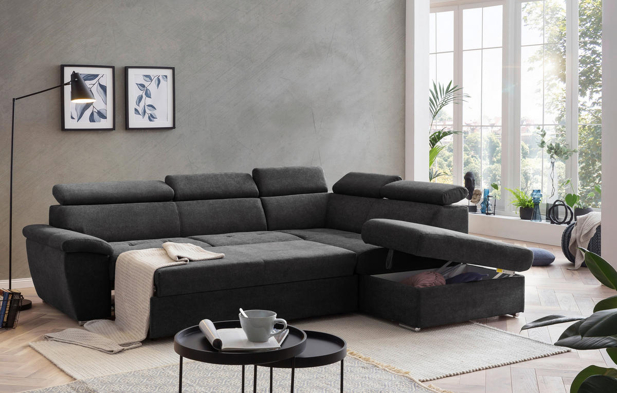 ECKSOFA in Mikrofaser Schwarz  - Chromfarben/Schwarz, Design, Textil/Metall (262/216cm) - Livetastic