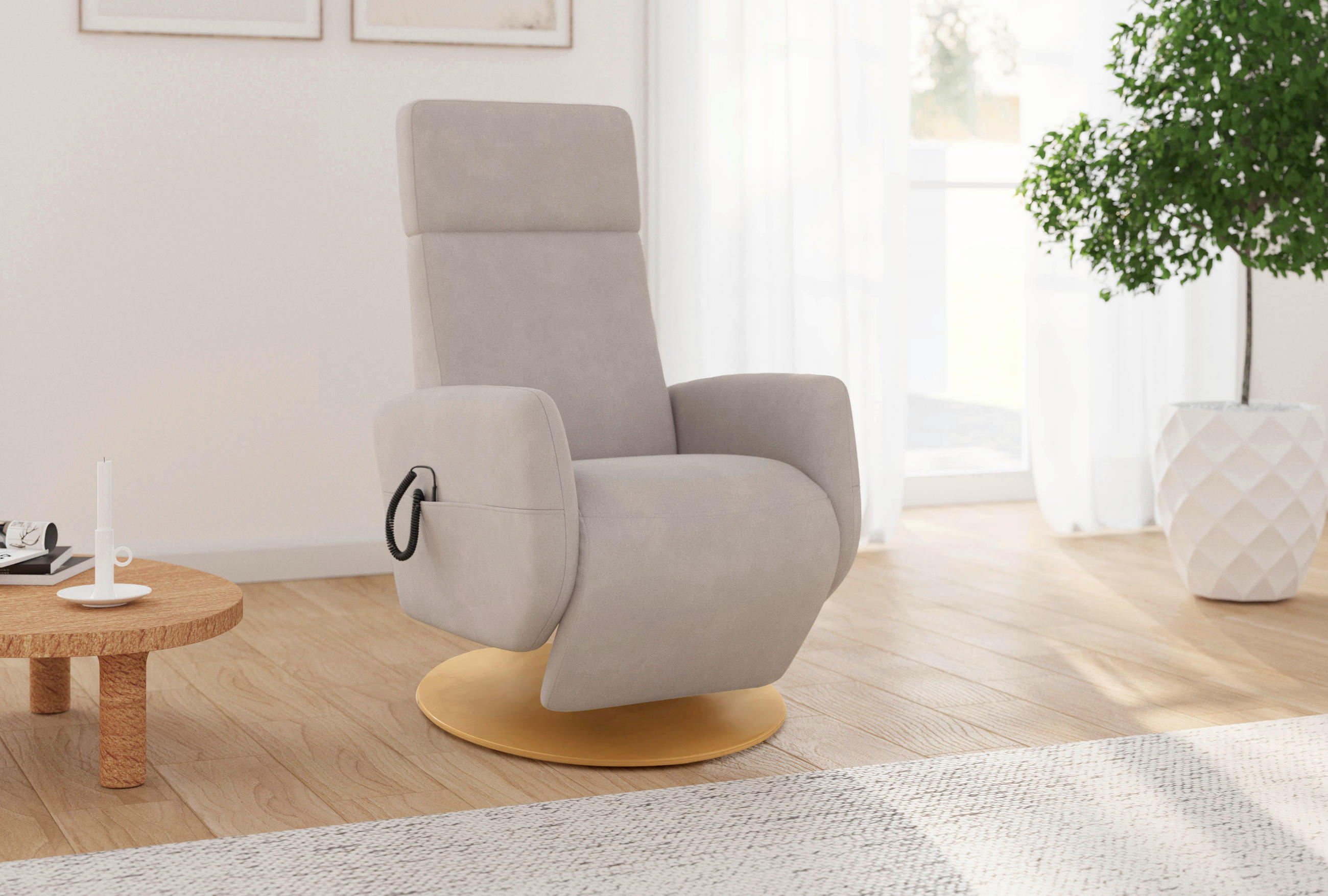 RELAXSESSEL Flachgewebe Aufstehhilfe    - Greige/Eichefarben, KONVENTIONELL, Holz/Textil (71/110/82cm) - Sit & More