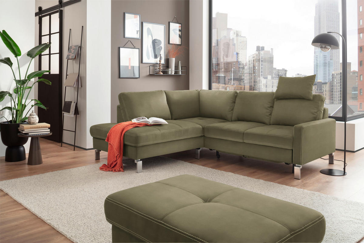 ECKSOFA in Mikrofaser Olivgrün  - Chromfarben/Beige, Design, Textil/Metall (200/229cm) - Pure Home Lifestyle
