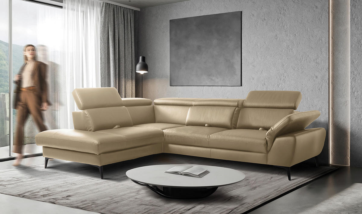 ECKSOFA Lederlook Echtleder Hellgrau  - Hellgrau/Schwarz, Design, Leder/Textil (220/274cm) - Livetastic