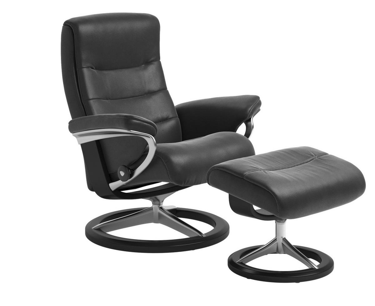 RELAXSESSELSET NORDIC Echtleder Relaxfunktion, Hocker    - Schwarz/Alufarben, Natur, Leder/Holz (84/102/76cm) - Stressless