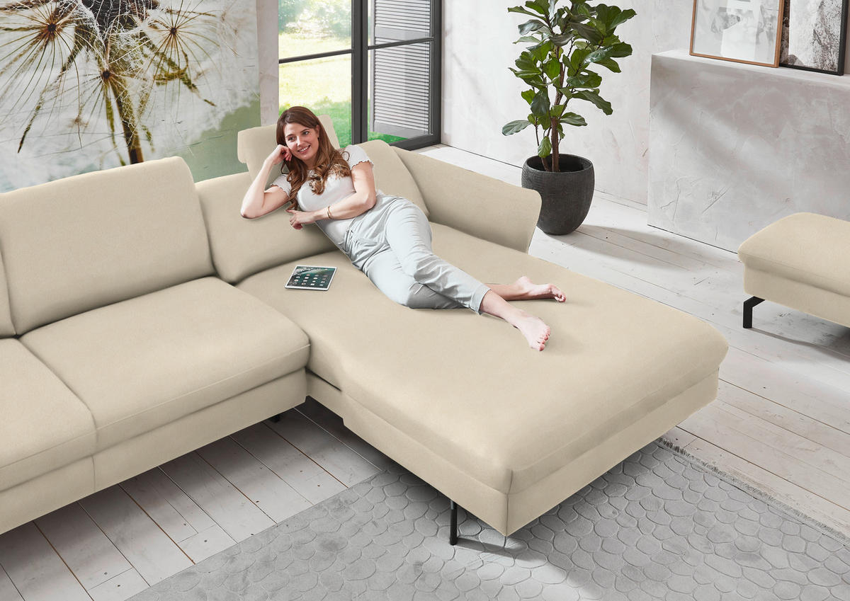 ECKSOFA in Velours Creme  - Creme/Schwarz, Design, Textil/Metall (306/179cm) - Beldomo System
