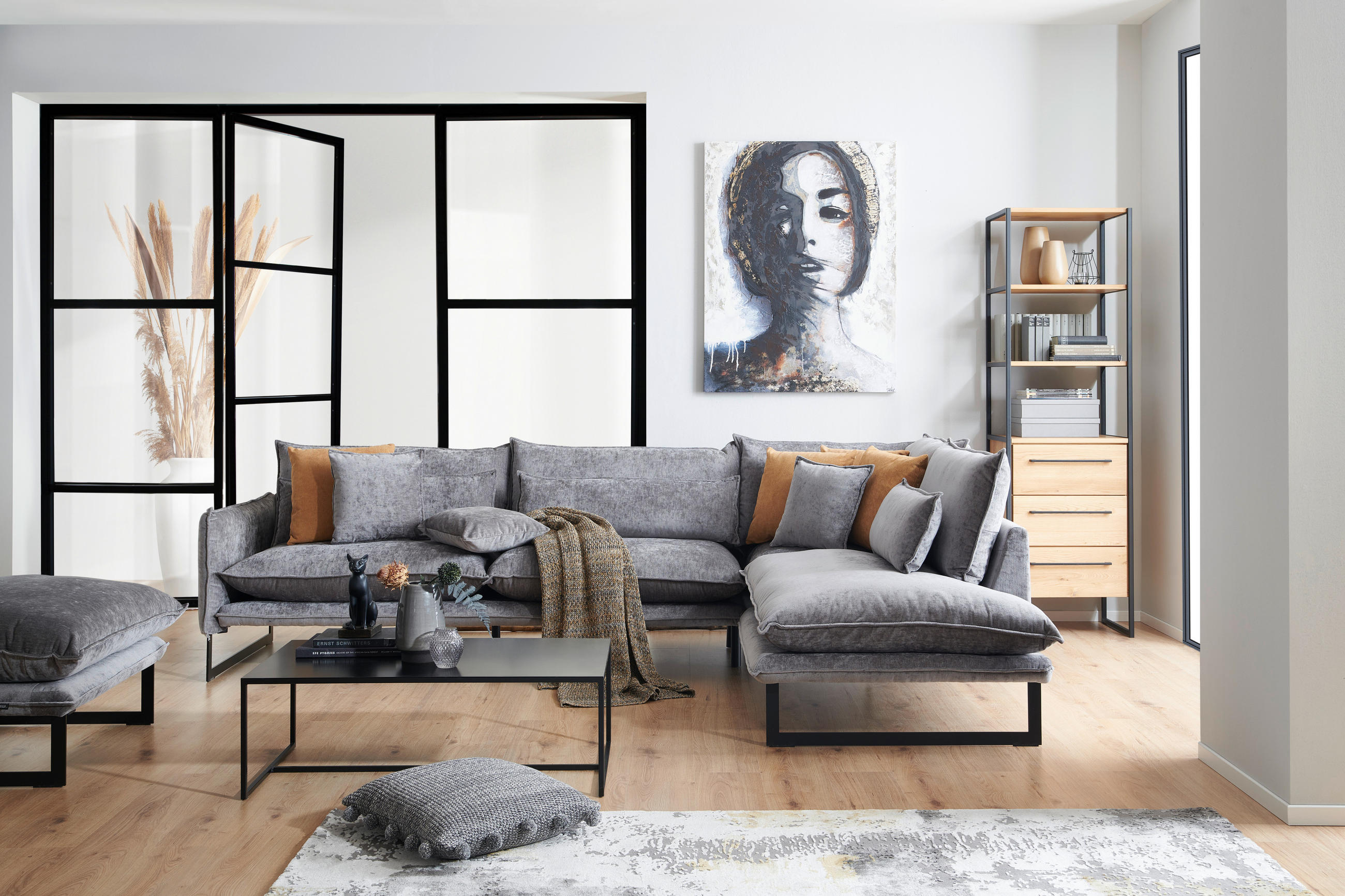 ECKSOFA in Flachgewebe Taupe  - Taupe/Schwarz, Design, Textil/Metall (310/210cm) - Livetastic