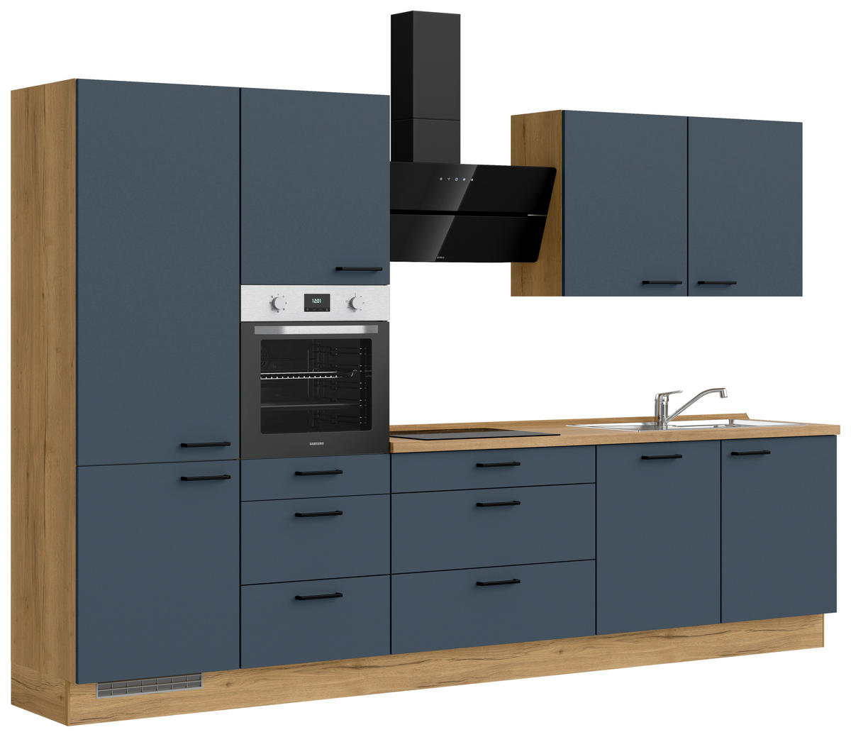 KÜCHENBLOCK 330 cm   in Eichefarben, Dunkelblau  - Eichefarben/Schwarz, MODERN, Holzwerkstoff/Metall (330cm) - Nobilia
