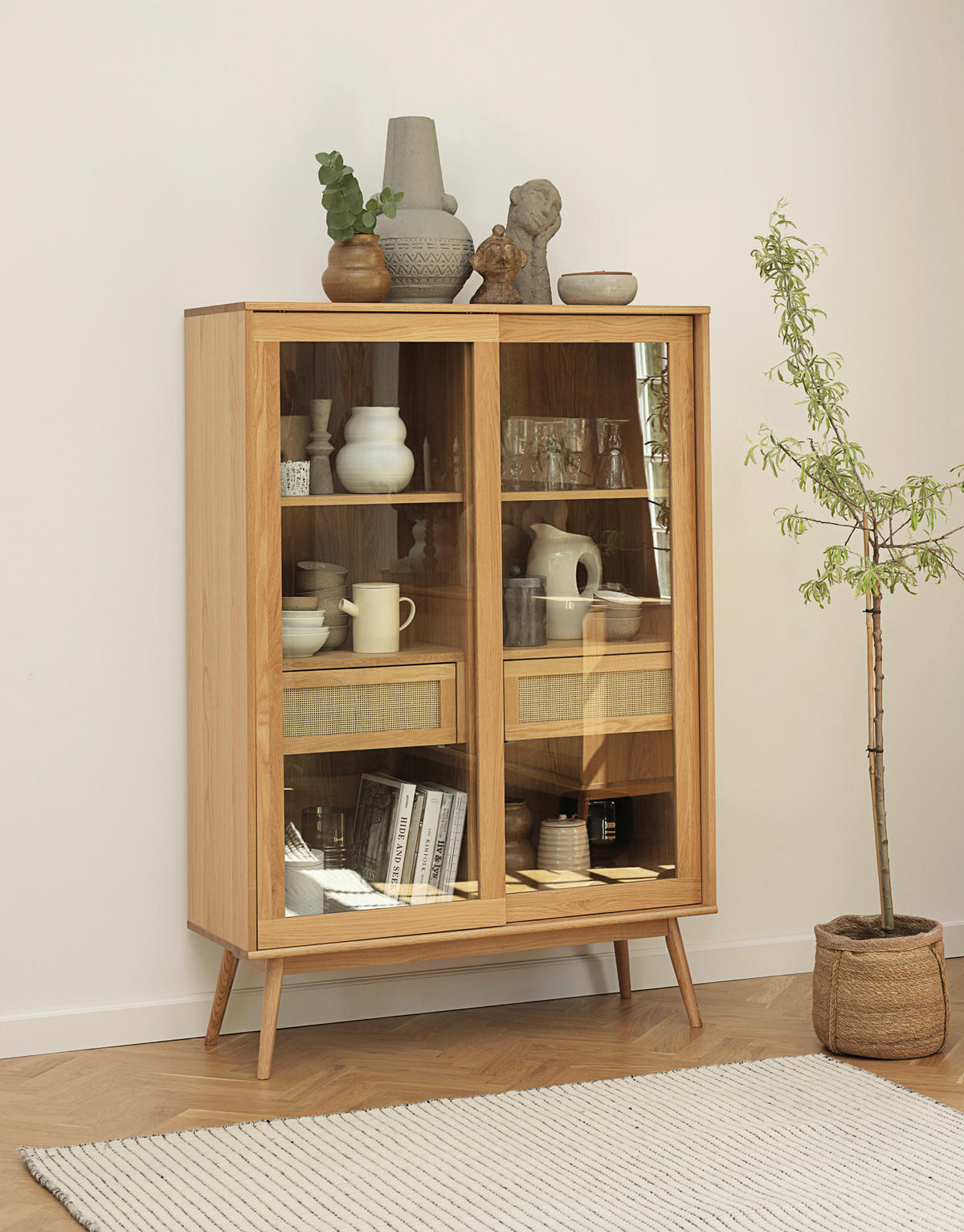 HIGHBOARD  in 90/160/45 cm  - Eichefarben/Naturfarben, Trend, Glas/Naturmaterialien (90/160/45cm) - Carryhome
