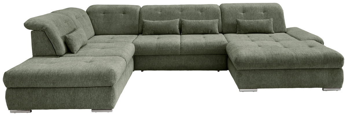 WOHNLANDSCHAFT Dunkelgrün Chenille  - Chromfarben/Dunkelgrün, MODERN, Textil/Metall (254/376/195cm) - Livetastic